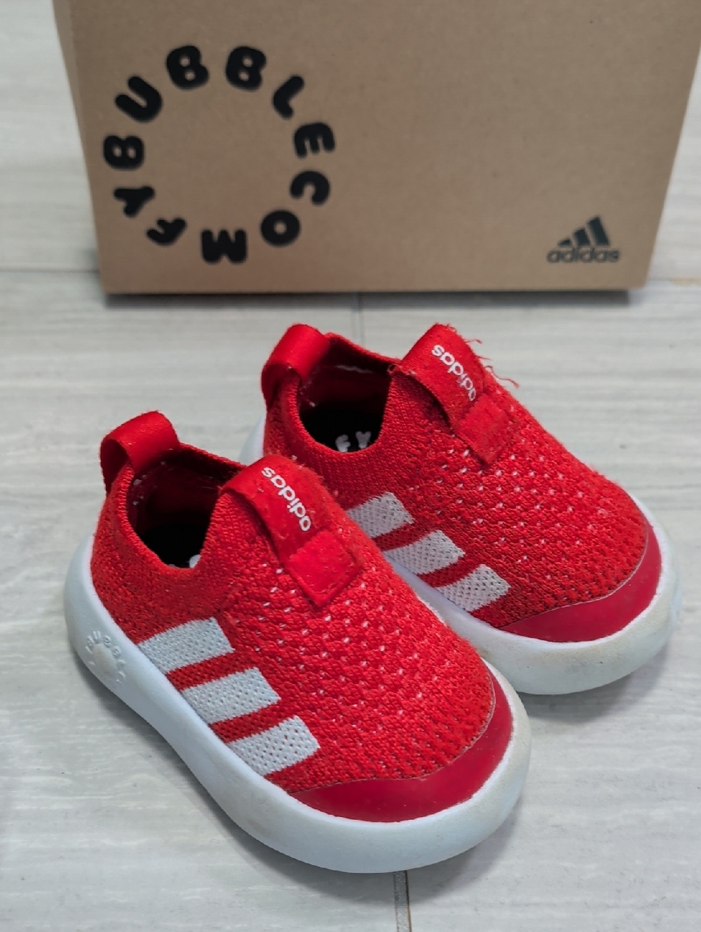 adidas Kids Red Slip-On Knit Sneakers with White Stripes